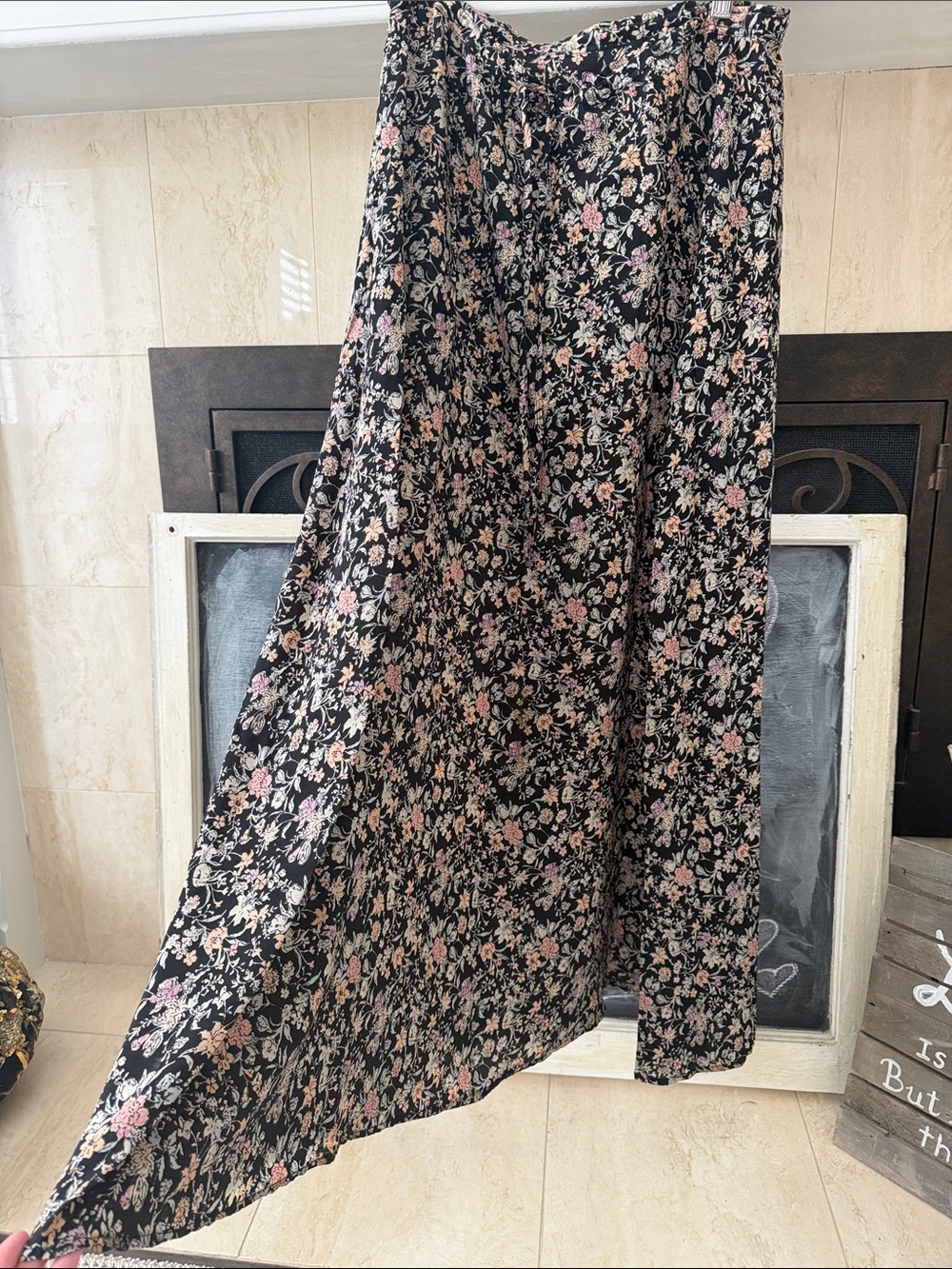 Winter Kate Vintage 100 SILK Black Floral hippie long Skirt Pink & Cream Blooms